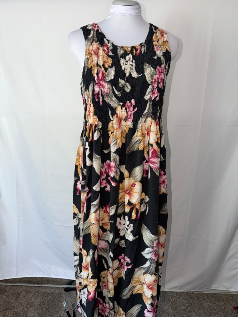 Aloha Hut Sleeveless Floral Maxi Dress with Pink & Yellow Blooms